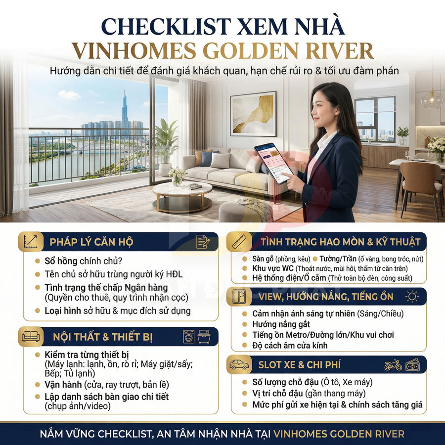 Checklist xem nhà Vinhomes Golden River với môi giới cầm tablet trong phòng khách căn hộ cao cấp có view sông