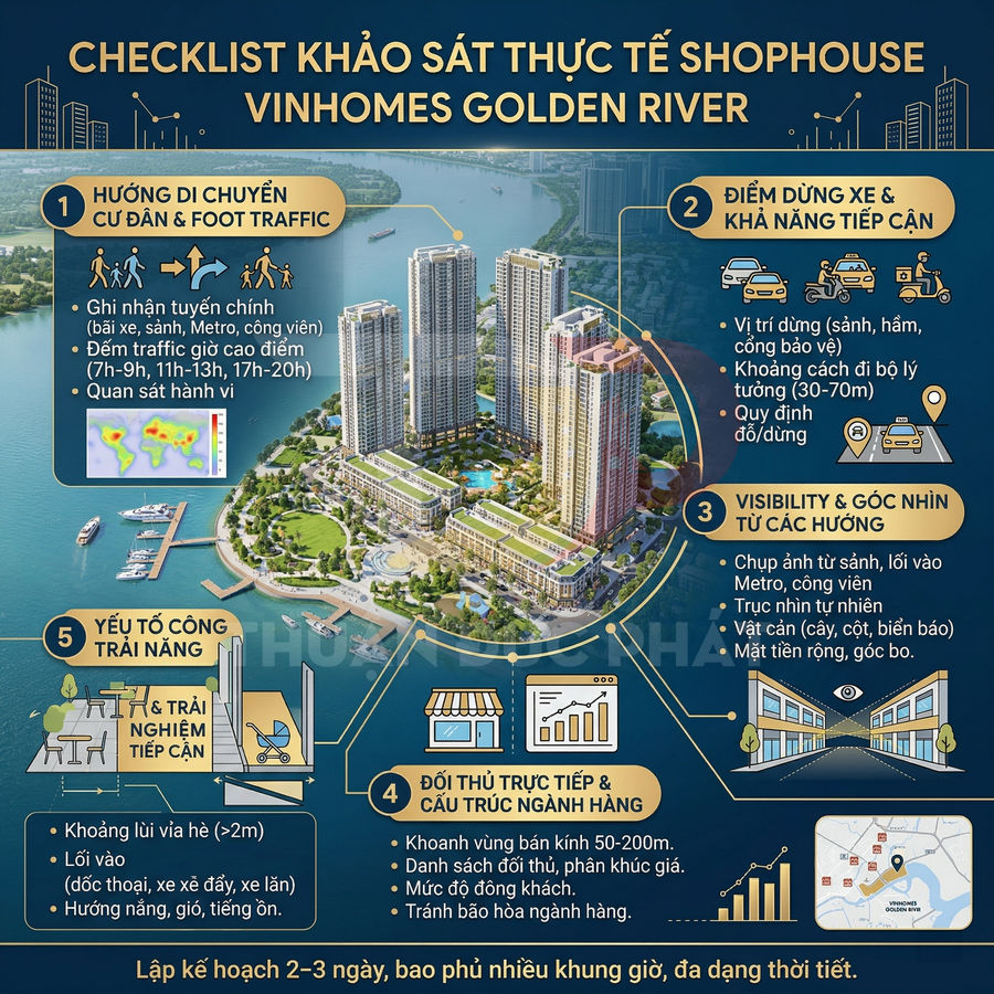 Checklist khảo sát thực tế shophouse Vinhomes Golden River với hình minh họa toàn cảnh dự án ven sông