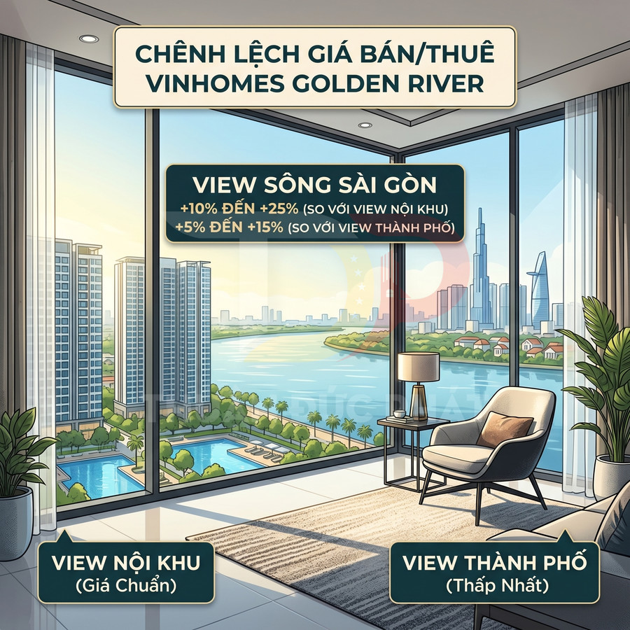 Căn hộ Vinhomes Golden River view sông Sài Gòn, so sánh chênh lệch giá bán thuê theo view nội khu và view thành phố