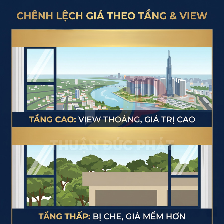 So sánh căn hộ tầng cao view sông thoáng với căn hộ tầng thấp bị che khuất bởi cây và mái nhà