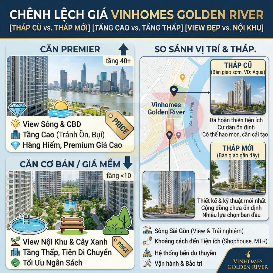 Infographic so sánh chênh lệch giá căn hộ Vinhomes Golden River giữa tháp cũ và tháp mới