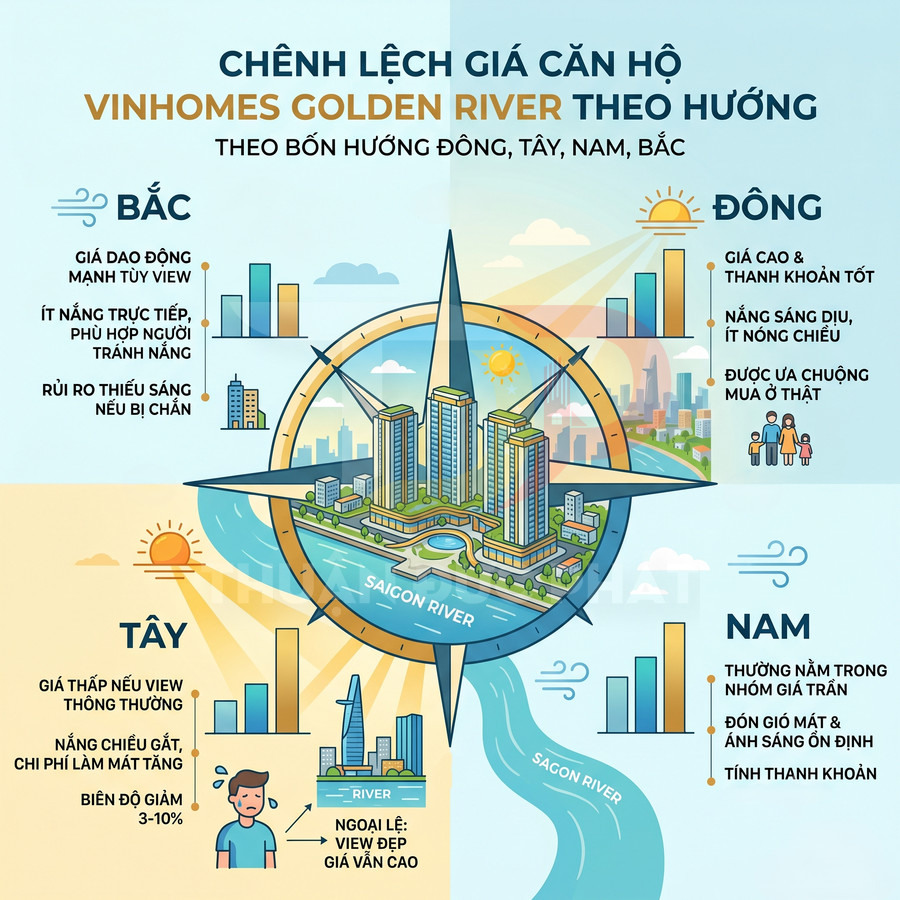 Infographic chênh lệch giá căn hộ Vinhomes Golden River theo hướng Đông Tây Nam Bắc bên sông Sài Gòn