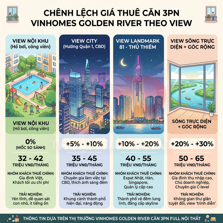So sánh giá thuê căn hộ 3 phòng ngủ Vinhomes Golden River theo các loại view nội khu, city, Landmark 81 và sông