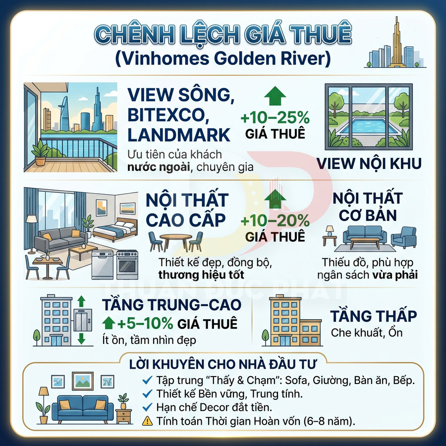 Infographic chênh lệch giá thuê căn hộ Vinhomes Golden River theo view, nội thất và tầng, kèm lời khuyên cho nhà đầu tư