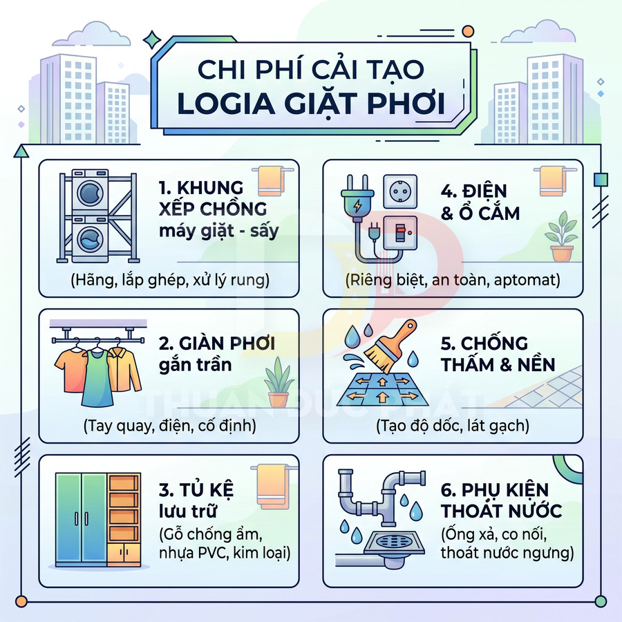 Infographic chi phí cải tạo logia giặt phơi với khung máy giặt sấy, giàn phơi, tủ kệ, điện, chống thấm và thoát nước