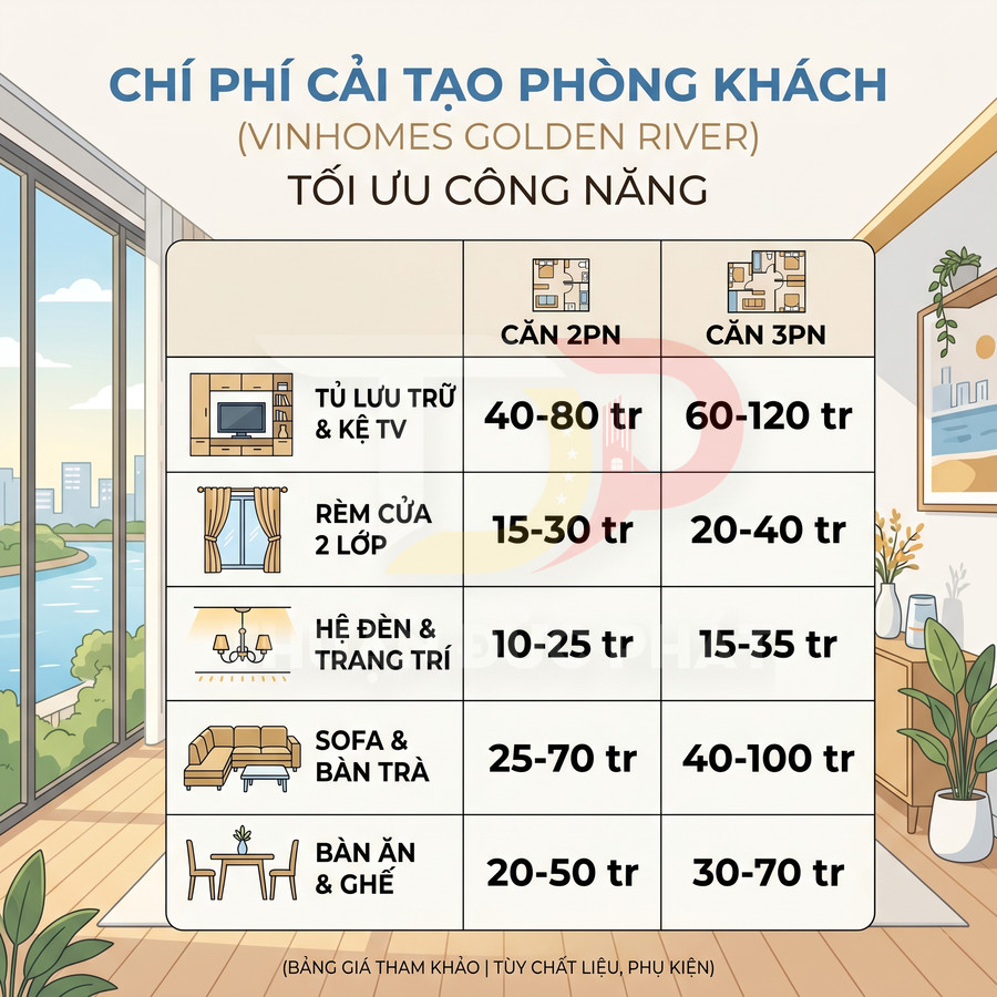 Bảng giá tham khảo chi phí cải tạo phòng khách căn 2PN và 3PN tại Vinhomes Golden River
