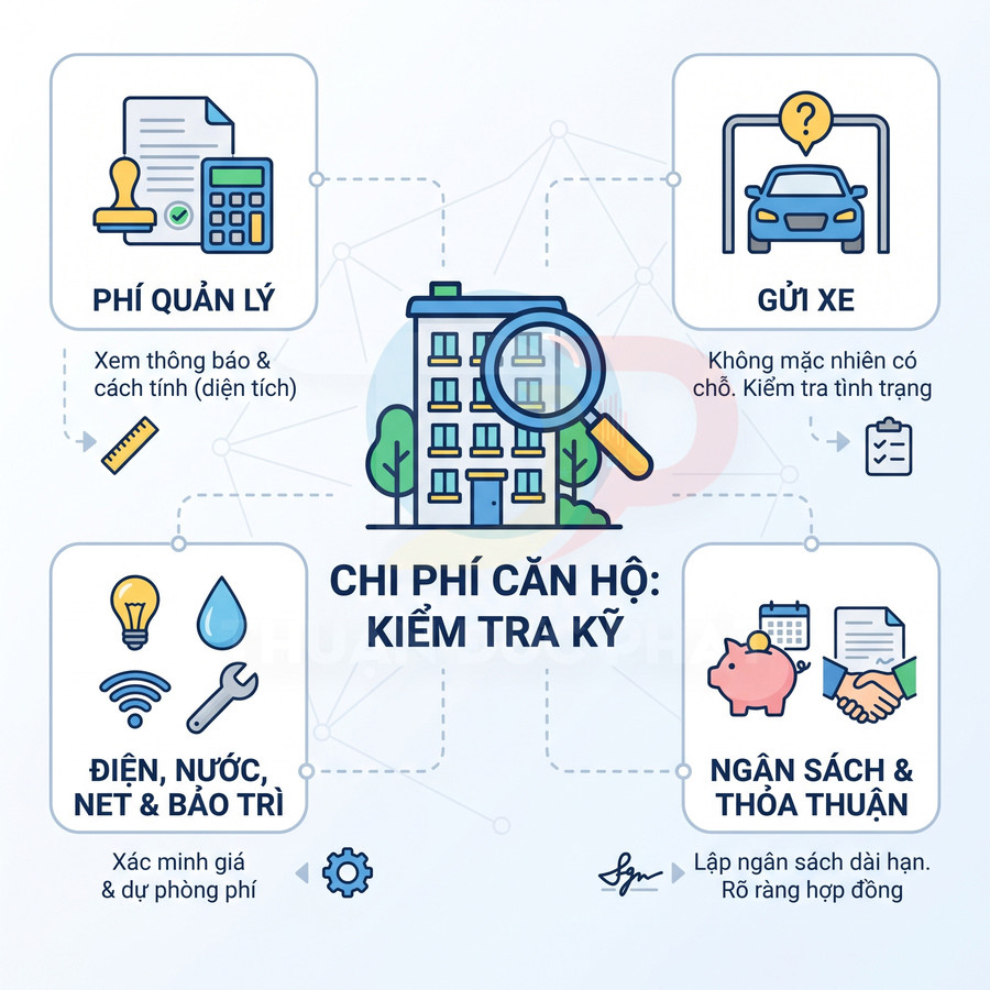 Các khoản chi phí căn hộ cần kiểm tra gồm phí quản lý, gửi xe, điện nước, internet, bảo trì và ngân sách thuê mua