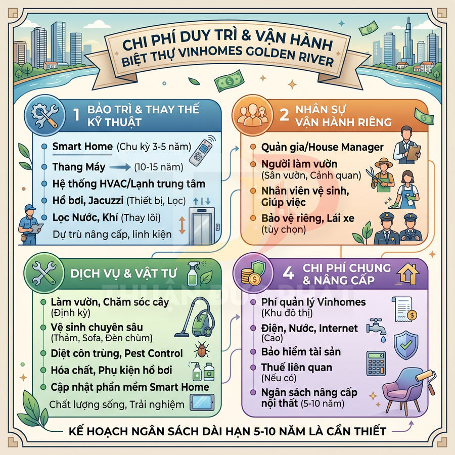 Infographic chi phí duy trì và vận hành biệt thự Vinhomes Golden River với các hạng mục bảo trì và dịch vụ