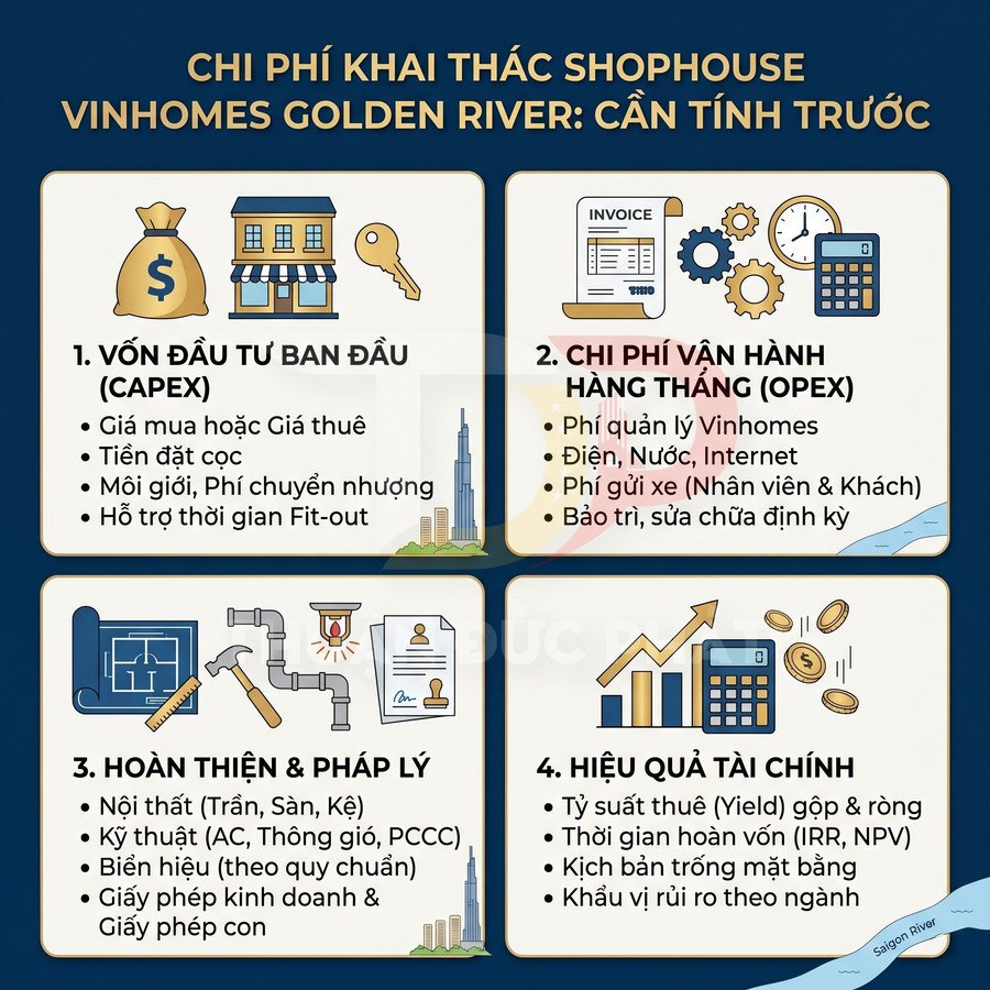 Infographic chi phí khai thác shophouse Vinhomes Golden River với 4 nhóm chi phí và hiệu quả tài chính