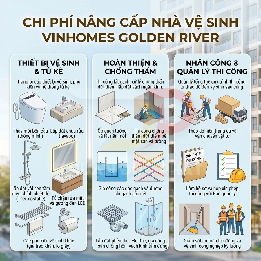 Infographic chi phí nâng cấp nhà vệ sinh Vinhomes Golden River với hạng mục thiết bị, hoàn thiện và nhân công