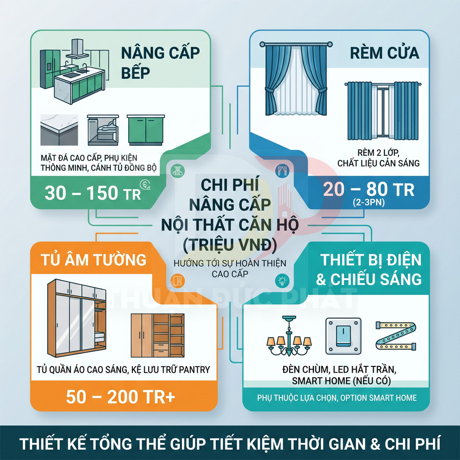 Chi phí nâng cấp nội thất căn hộ gồm bếp, tủ âm tường, rèm cửa, thiết bị điện và chiếu sáng