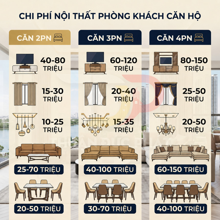 Bảng chi phí nội thất phòng khách căn hộ 2PN 3PN 4PN với giá ước tính cho tivi rèm đèn sofa bàn ăn