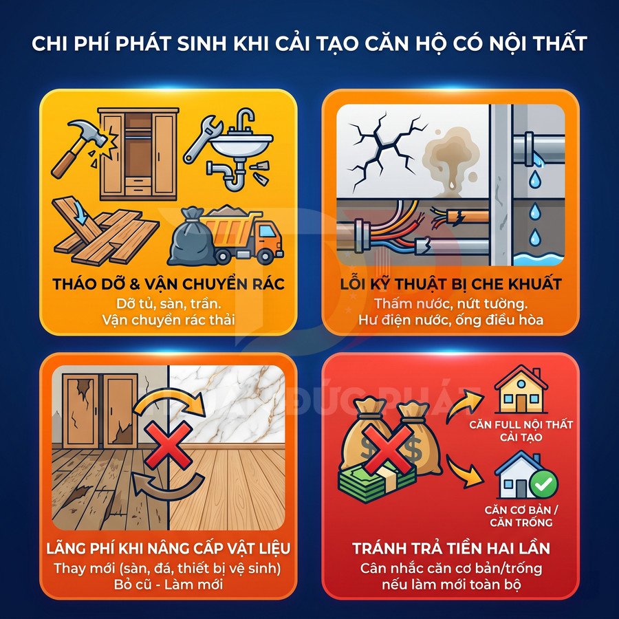 Chi phí phát sinh khi cải tạo căn hộ có nội thất với các hạng mục tháo dỡ, sửa lỗi kỹ thuật và nâng cấp vật liệu