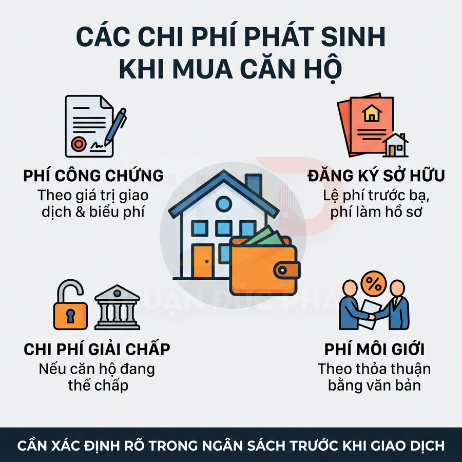 Các khoản chi phí phát sinh khi mua căn hộ gồm công chứng, đăng ký sở hữu, giải chấp và phí môi giới