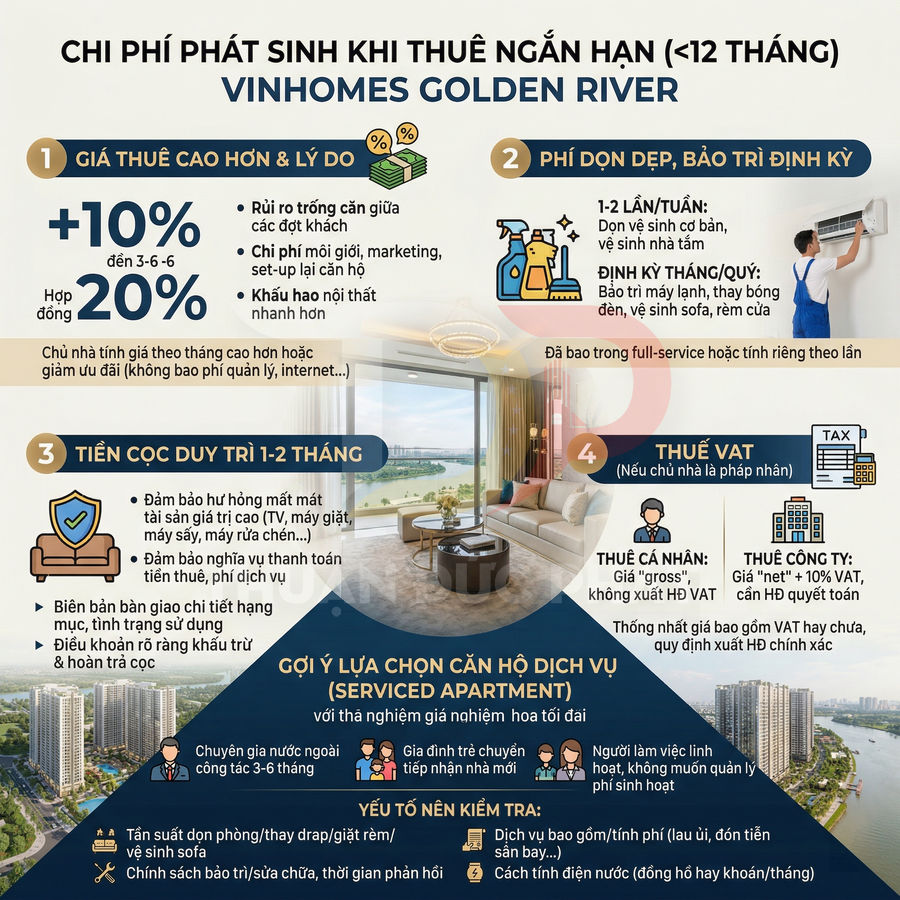 Infographic chi phí phát sinh khi thuê ngắn hạn căn hộ Vinhomes Golden River và gợi ý chọn serviced apartment
