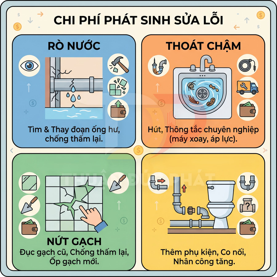 Infographic chi phí phát sinh sửa lỗi rò nước, thoát chậm, nứt gạch và lắp thêm phụ kiện đường ống, bồn cầu
