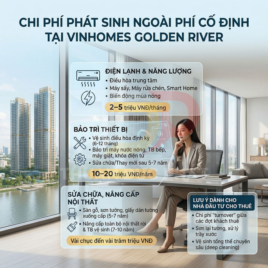 Infographic chi phí phát sinh ngoài phí cố định khi sở hữu căn hộ Vinhomes Golden River, kèm hình nữ doanh nhân trong văn phòng