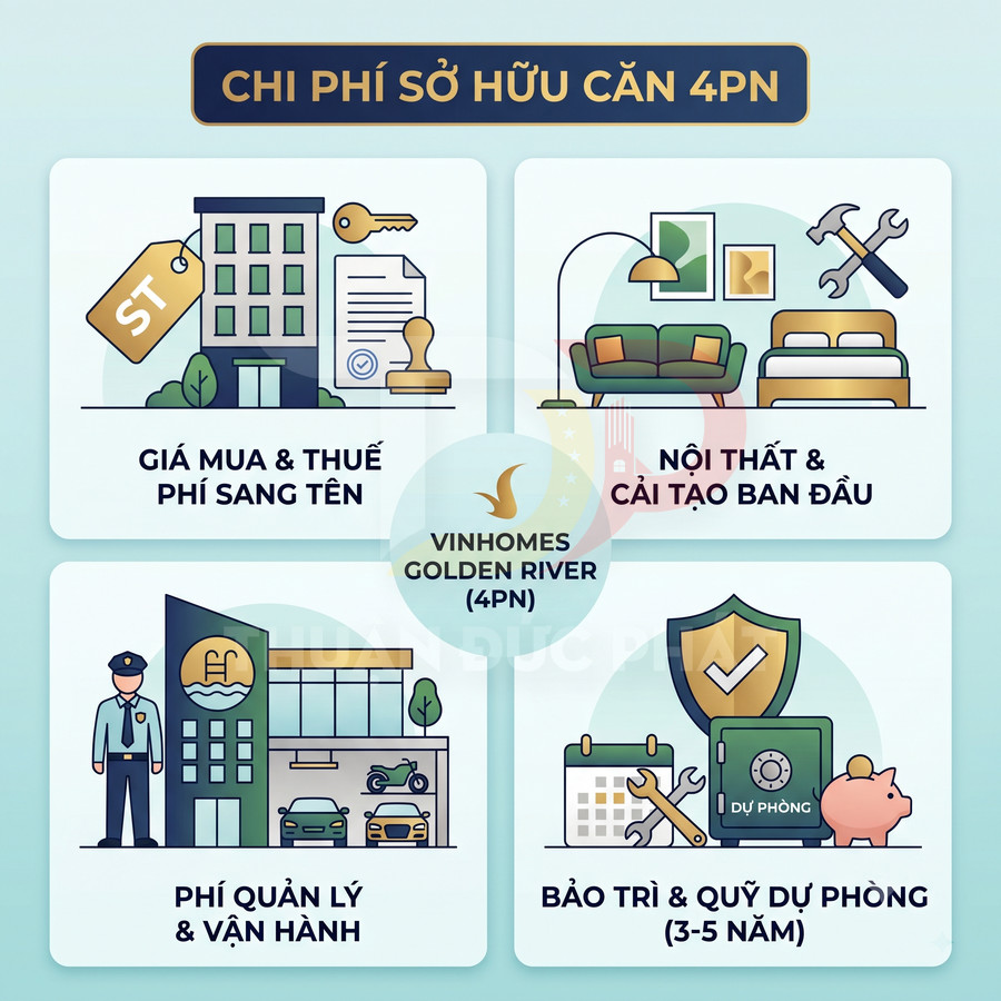 Infographic chi phí sở hữu căn hộ 4 phòng ngủ Vinhomes Golden River gồm mua bán, nội thất, quản lý và bảo trì