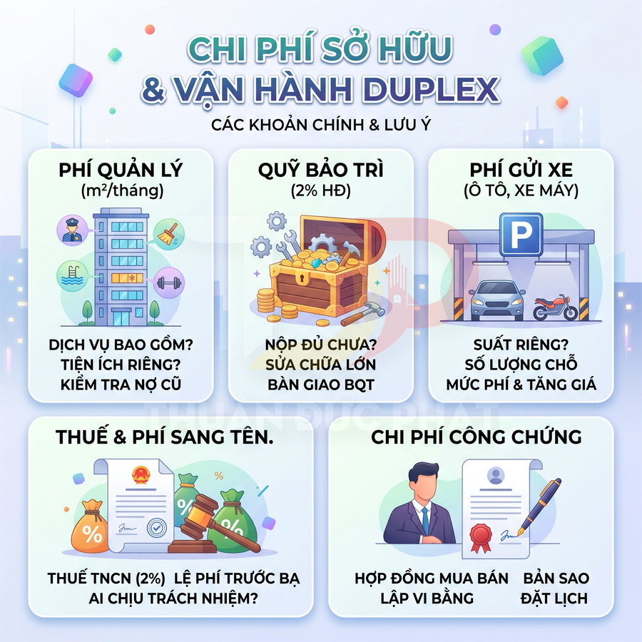 Chi phí sở hữu và vận hành căn hộ duplex với các khoản phí quản lý, bảo trì, gửi xe, thuế sang tên và công chứng