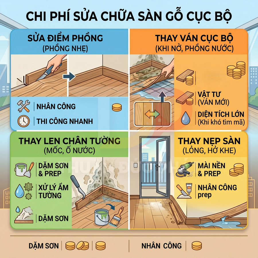 Minh họa chi phí sửa chữa sàn gỗ cục bộ với các hạng mục sửa điểm phồng, thay ván, thay len chân tường, thay nẹp sàn