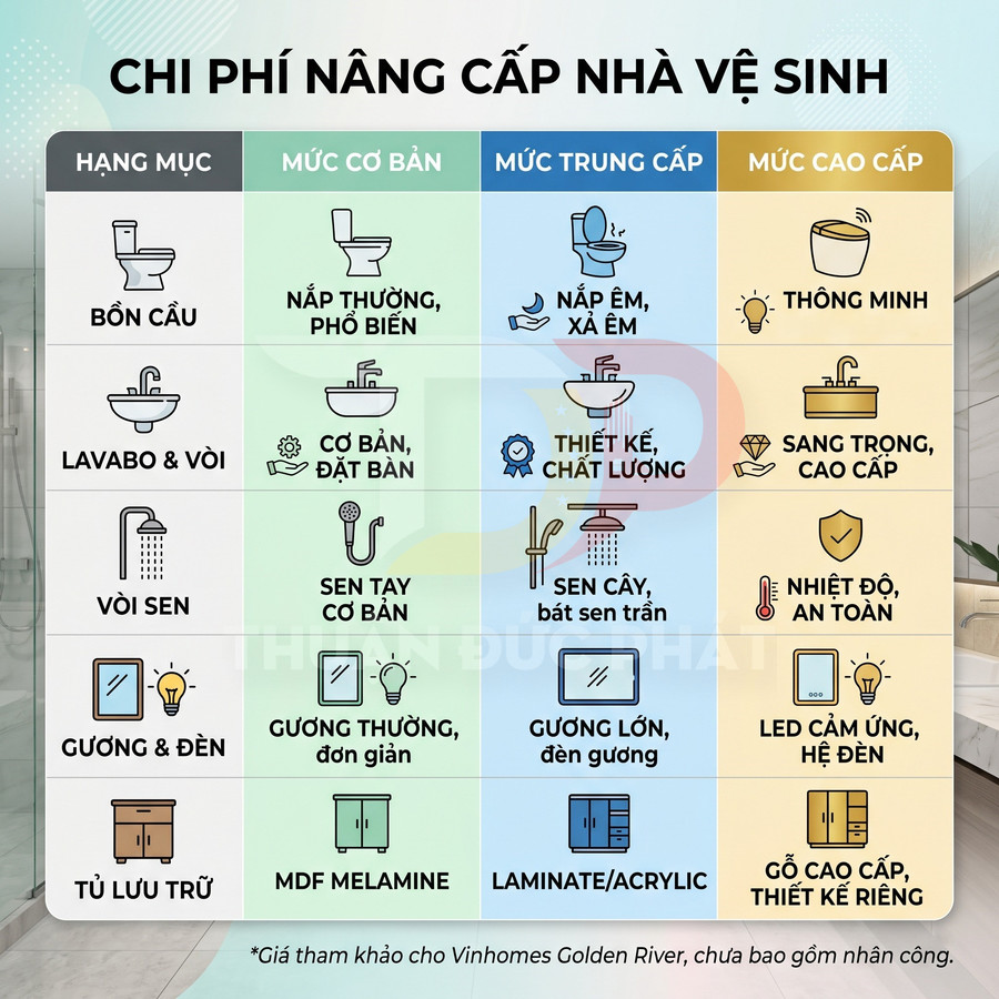 Bảng so sánh chi phí nâng cấp nhà vệ sinh với các hạng mục cơ bản, trung cấp và cao cấp