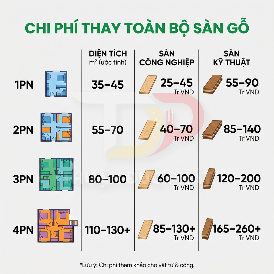 Bảng chi phí thay toàn bộ sàn gỗ công nghiệp và sàn gỗ kỹ thuật theo số phòng ngủ và diện tích căn hộ