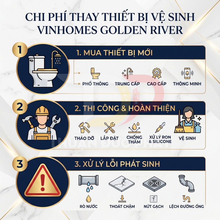 Chi phí thay thiết bị vệ sinh Vinhomes Golden River gồm mua thiết bị mới, thi công hoàn thiện và xử lý lỗi phát sinh