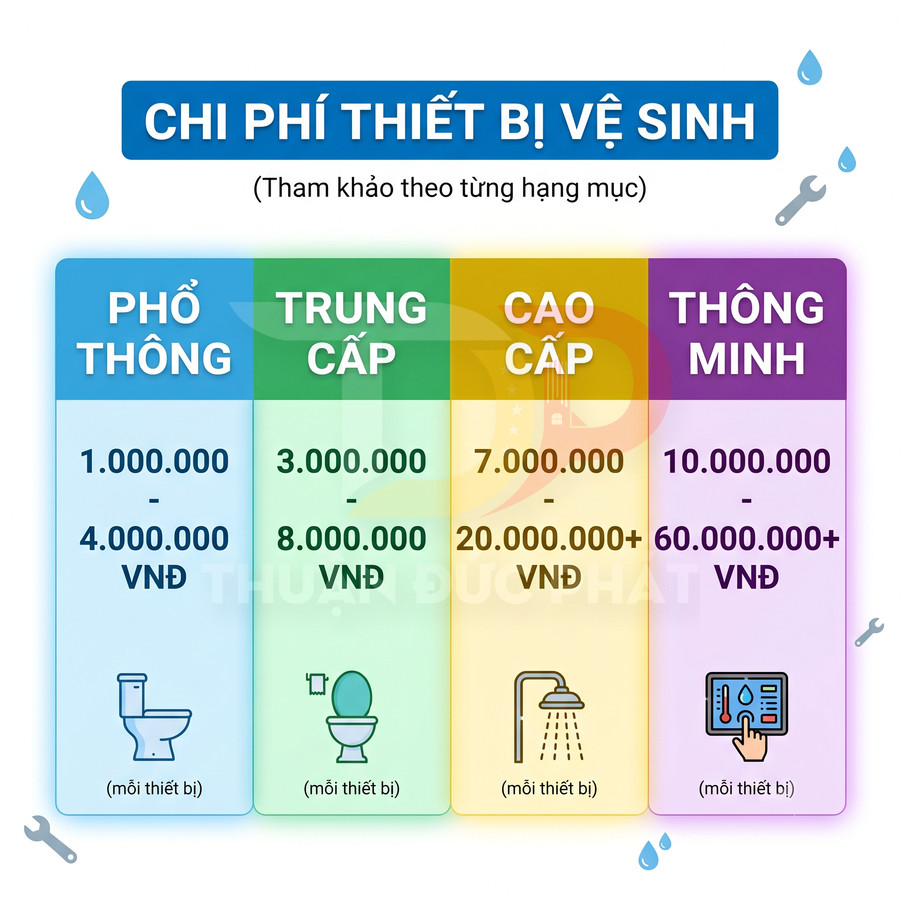 Bảng giá tham khảo chi phí thiết bị vệ sinh phổ thông, trung cấp, cao cấp và thông minh theo từng mức giá VNĐ