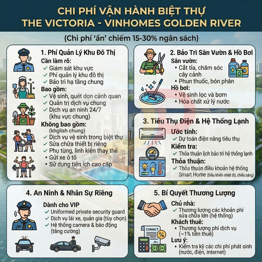 Chi phí vận hành biệt thự The Victoria Vinhomes Golden River với các hạng mục quản lý, bảo trì, điện nước và an ninh