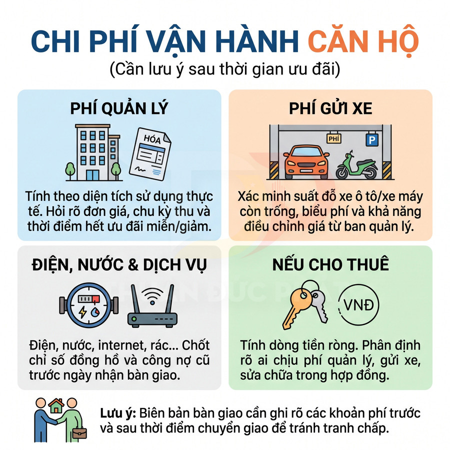 Các khoản chi phí vận hành căn hộ gồm phí quản lý, gửi xe, điện nước, dịch vụ và lưu ý khi cho thuê, bàn giao căn hộ.