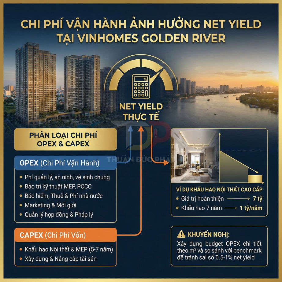 Infographic chi phí vận hành ảnh hưởng net yield căn hộ cao cấp tại Vinhomes Golden River