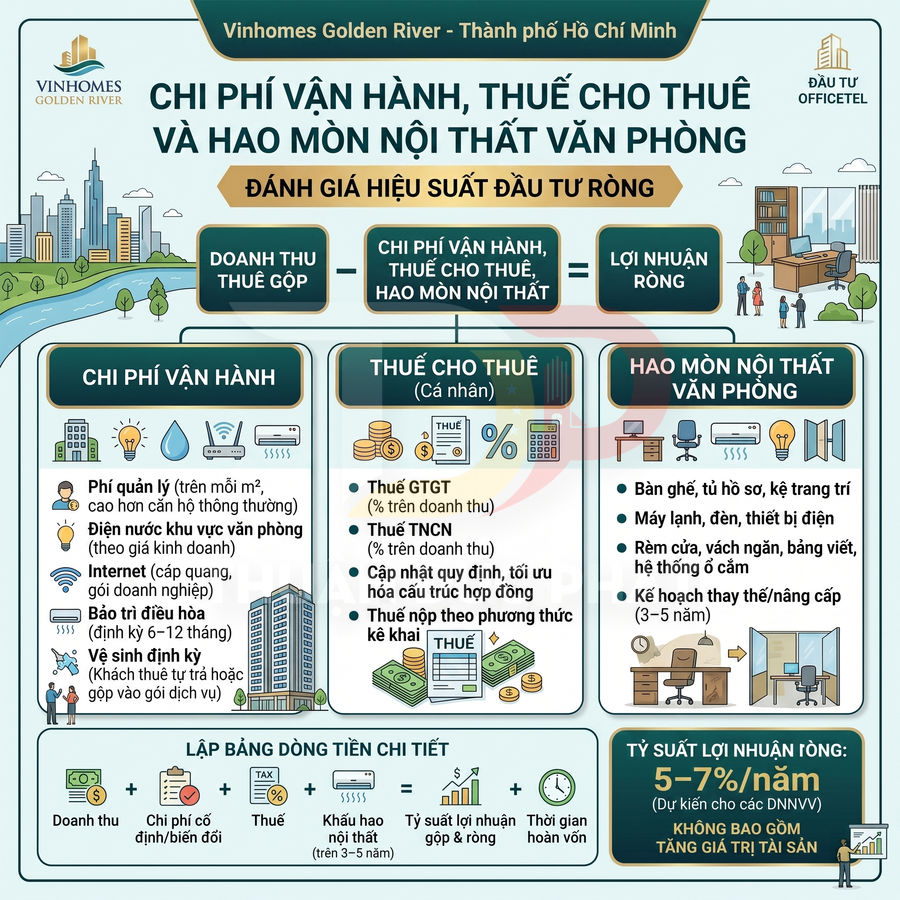 Infographic chi phí vận hành, thuế cho thuê và hao mòn nội thất văn phòng tại Vinhomes Golden River