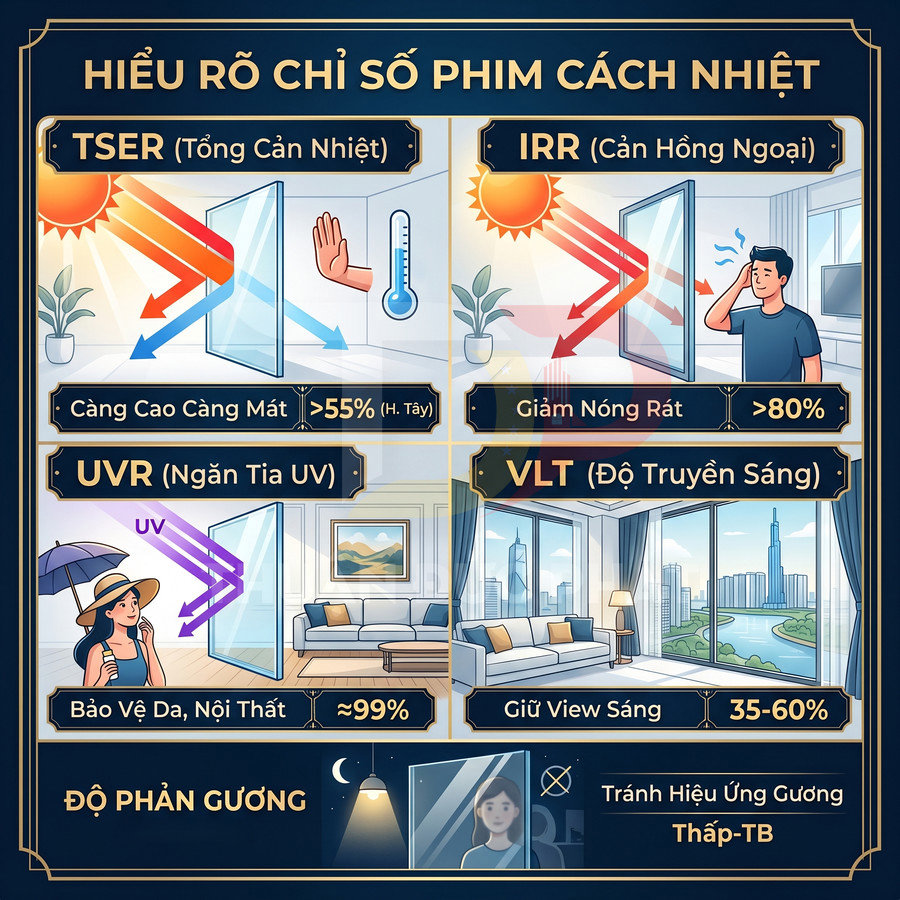 Infographic giải thích các chỉ số phim cách nhiệt cửa kính: TSER, IRR, UVR, VLT và độ phản gương