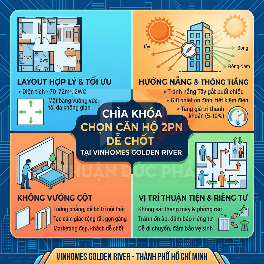 Infographic tiêu chí chọn căn hộ 2 phòng ngủ tại Vinhomes Golden River với layout, hướng nắng, vị trí và không gian riêng tư