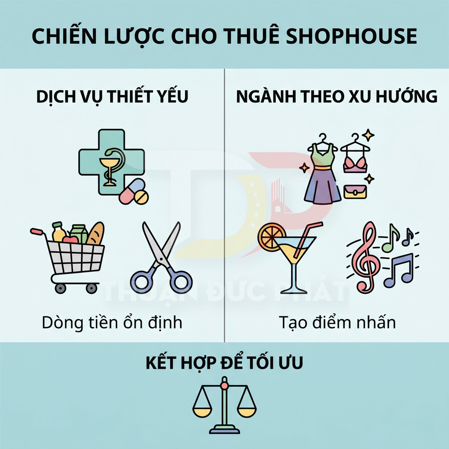 Chiến lược cho thuê shophouse với dịch vụ thiết yếu và ngành theo xu hướng, kết hợp để tối ưu lợi nhuận