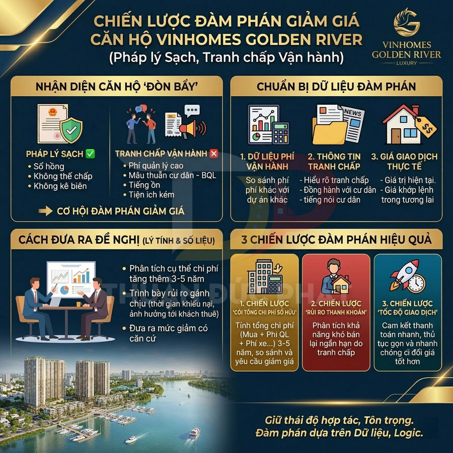 Infographic chiến lược đàm phán giảm giá mua căn hộ Vinhomes Golden River với các bước và lợi ích chi tiết