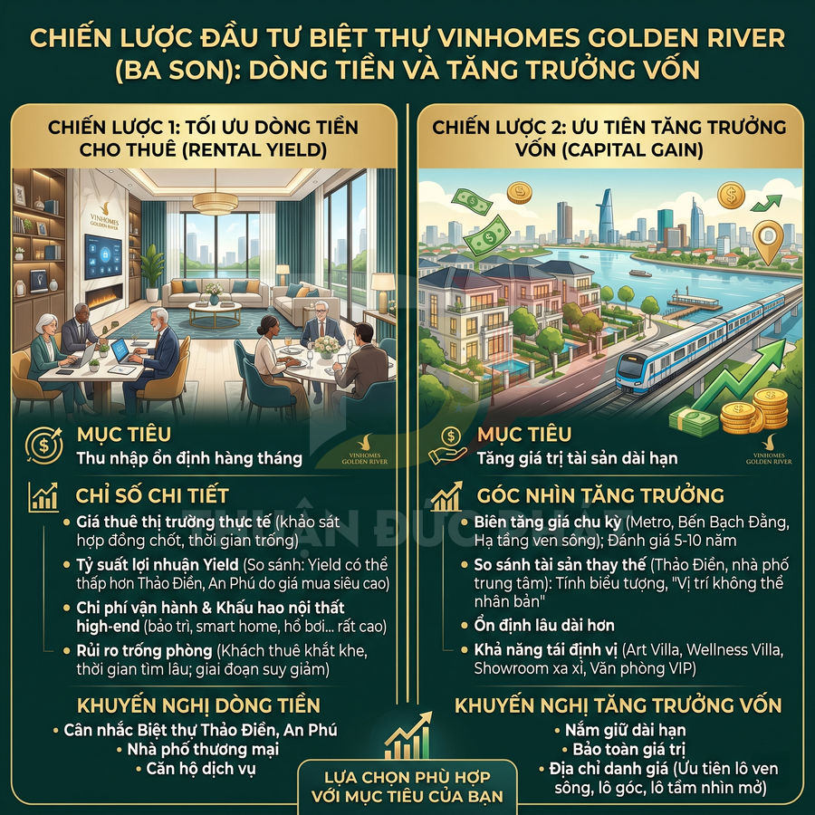 Infographic chiến lược đầu tư biệt thự Vinhomes Golden River Ba Son với dòng tiền cho thuê và tăng trưởng vốn