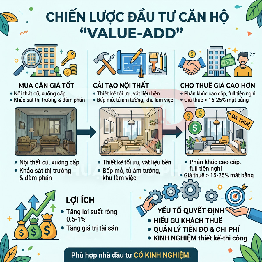 Infographic chiến lược đầu tư căn hộ value add từ mua giá tốt, cải tạo nội thất đến cho thuê giá cao hơn