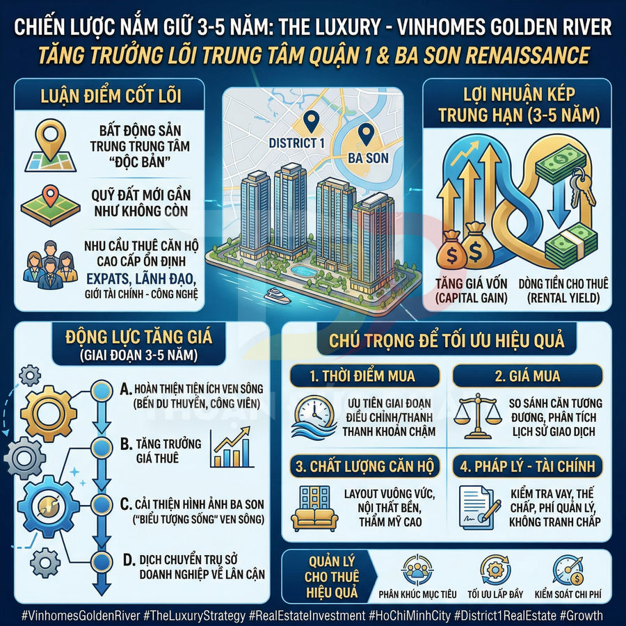 Infographic chiến lược đầu tư dự án căn hộ The Luxury Vinhomes Golden River tại trung tâm quận 1 Ba Son