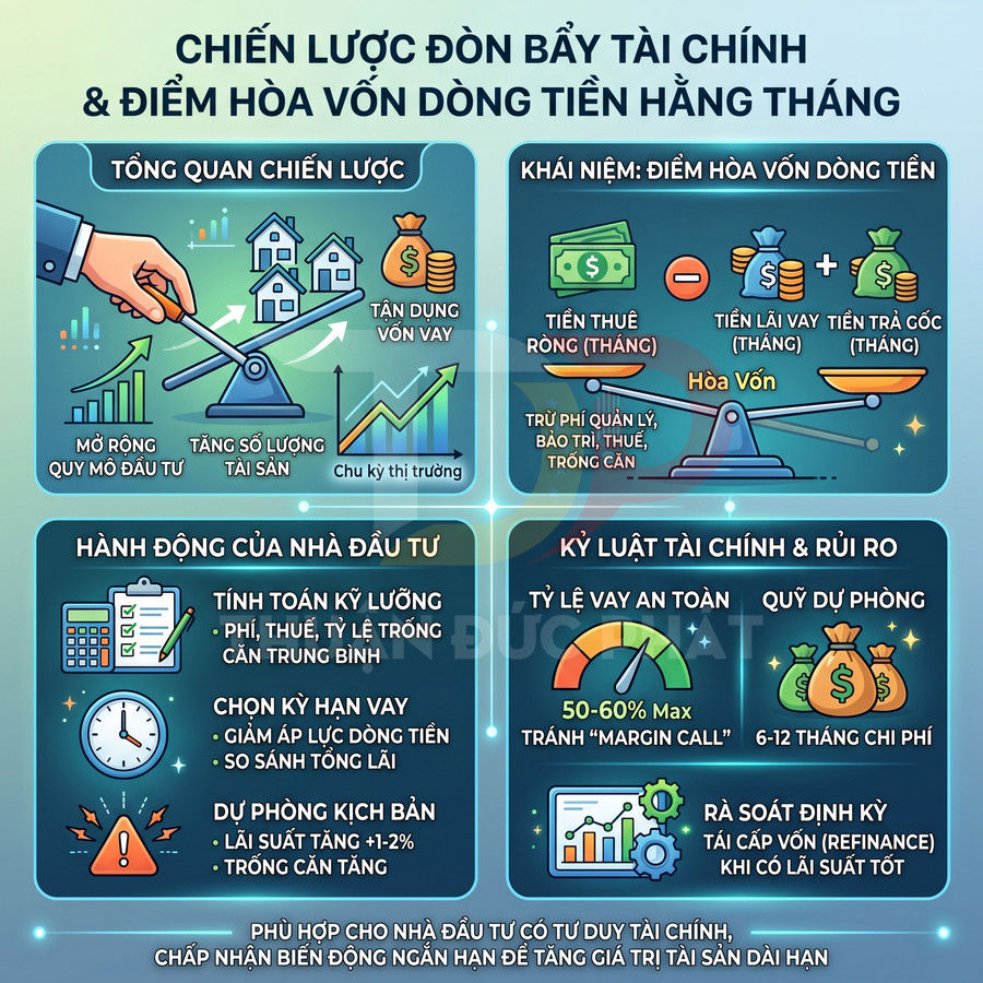 Infographic chiến lược đòn bẩy tài chính và điểm hòa vốn dòng tiền hàng tháng cho nhà đầu tư bất động sản