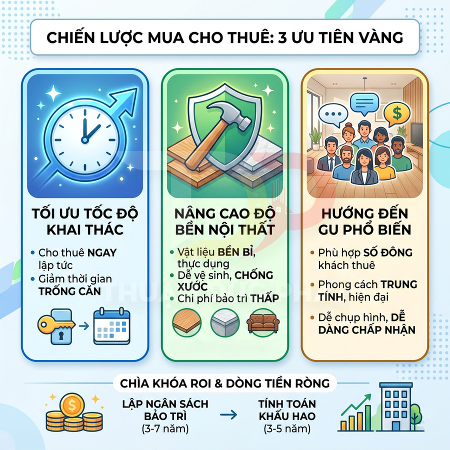 Infographic chiến lược mua nhà cho thuê với 3 ưu tiên vàng và lưu ý về ngân sách bảo trì, khấu hao