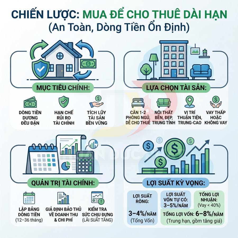 Chiến lược đầu tư bất động sản mua nhà cho thuê dài hạn với mục tiêu dòng tiền ổn định và lợi suất 3 đến 8 phần trăm mỗi năm