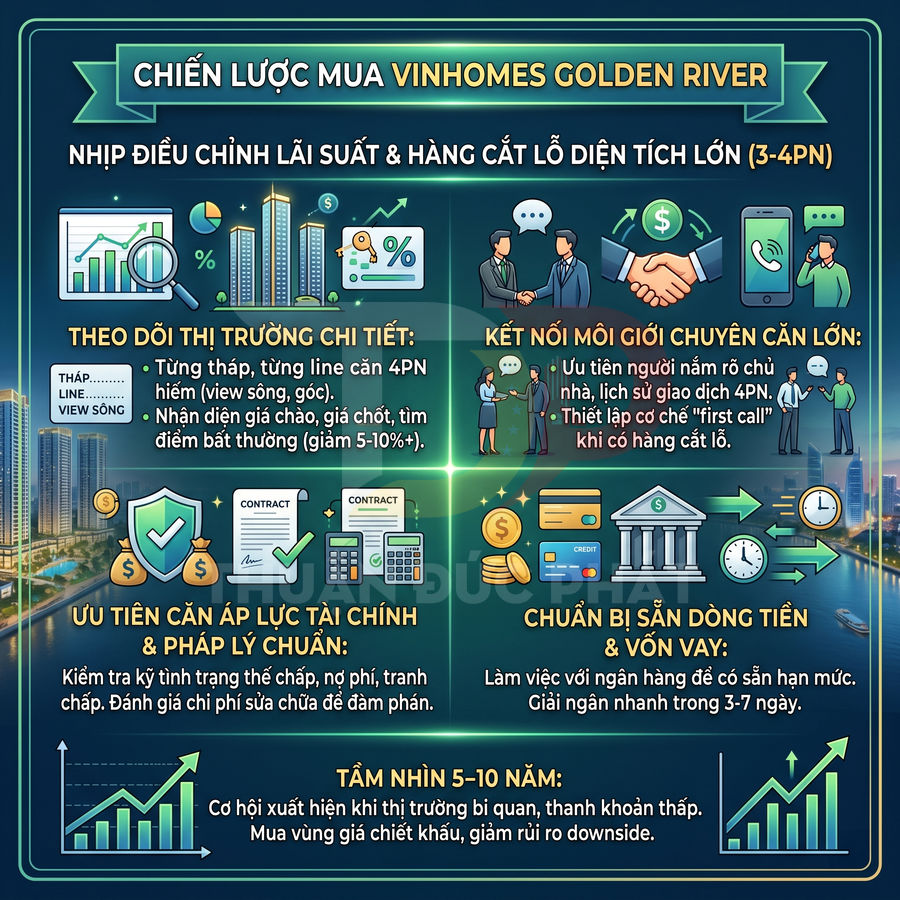 Infographic chiến lược mua căn hộ Vinhomes Golden River với các bước theo dõi thị trường, kết nối môi giới và chuẩn bị tài chính