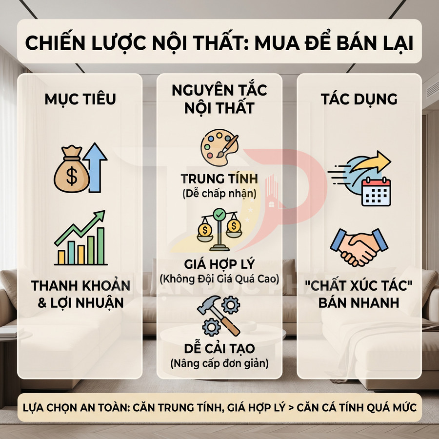 Infographic chiến lược nội thất mua để bán lại với mục tiêu thanh khoản lợi nhuận và nguyên tắc thiết kế trung tính