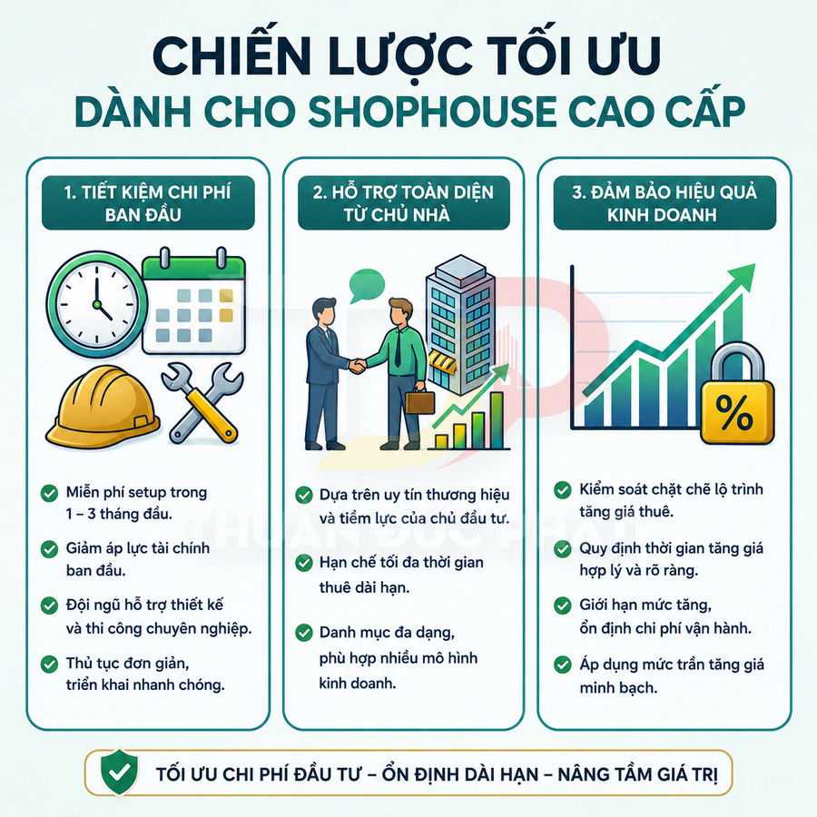 Infographic chiến lược tối ưu đầu tư và kinh doanh shophouse cao cấp với ba nhóm lợi ích chính