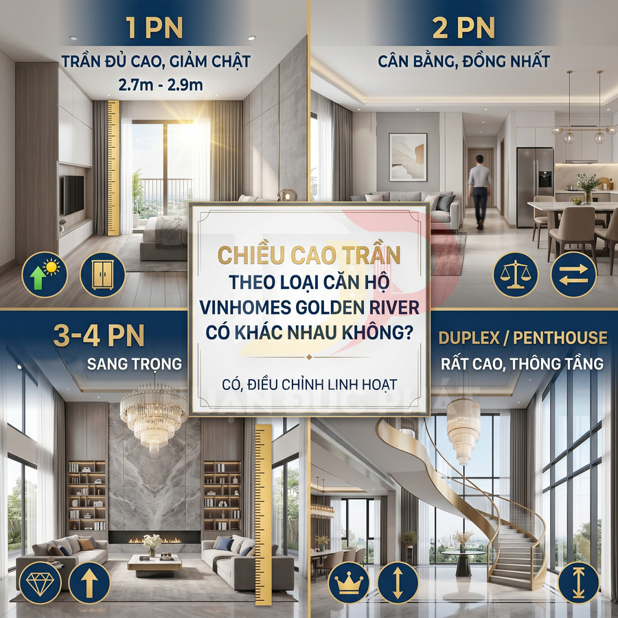 Thiết kế nội thất căn hộ Vinhomes Golden River với trần cao linh hoạt cho 1PN, 2PN, 3-4PN và duplex penthouse