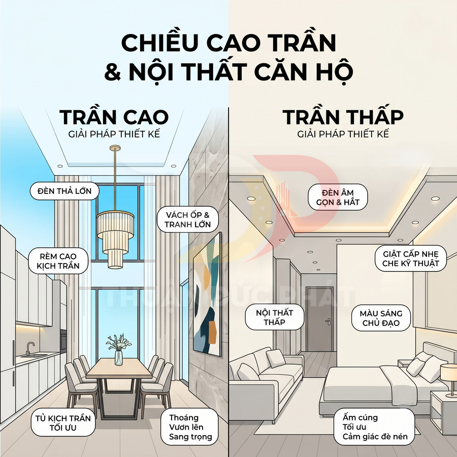 So sánh thiết kế nội thất căn hộ trần cao và trần thấp với các giải pháp bố trí ánh sáng, rèm, tủ và màu sắc