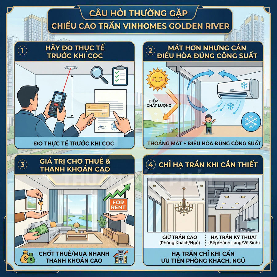 Infographic giới thiệu ưu điểm trần cao căn hộ Vinhomes Golden River, tối ưu điều hòa, cho thuê tốt và chỉ hạ trần khi cần