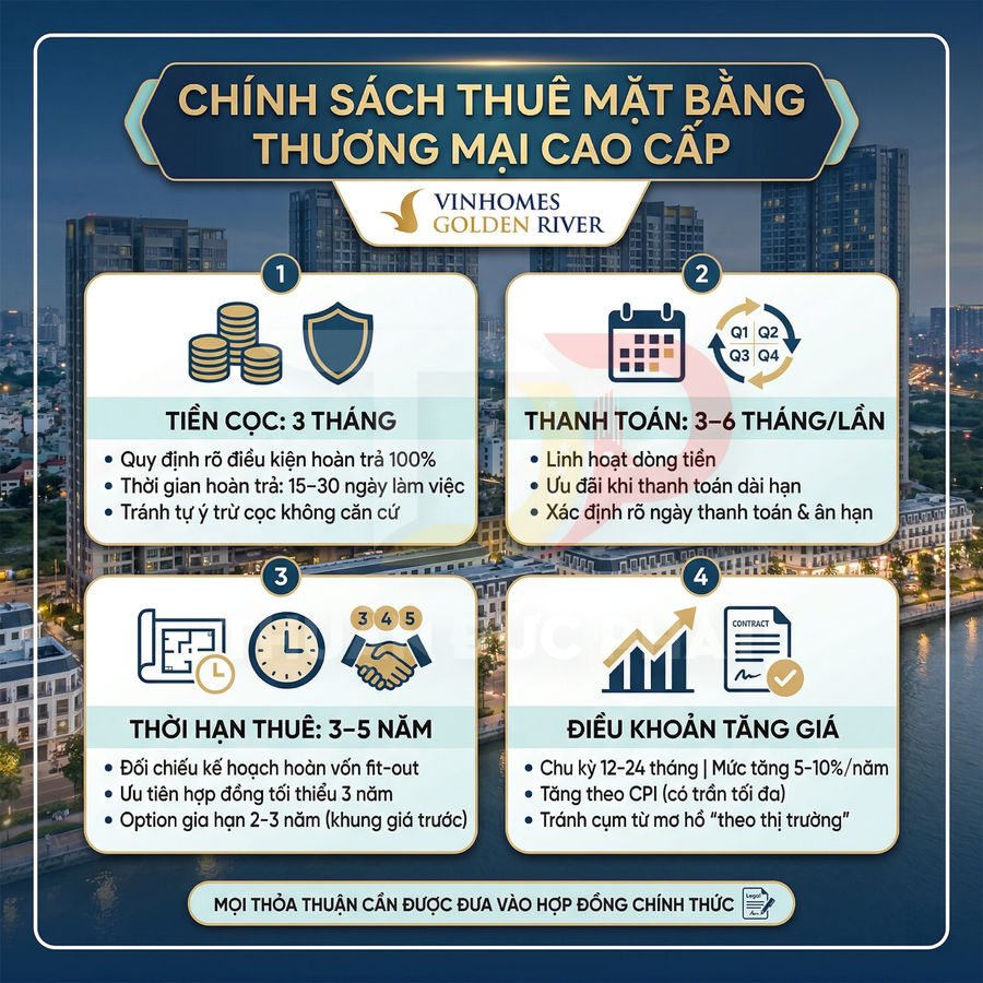 Chính sách thuê mặt bằng thương mại cao cấp Vinhomes Golden River với các điều khoản cọc, thanh toán, thời hạn, tăng giá