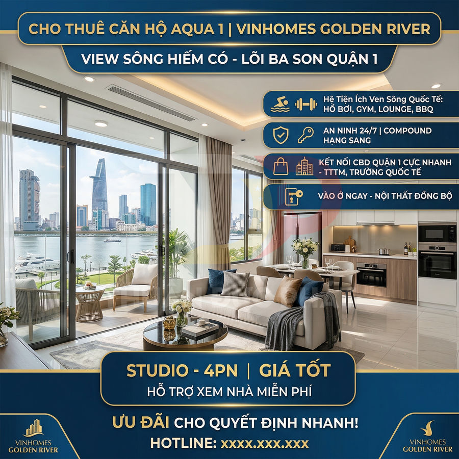 Căn hộ Vinhomes Golden River Aqua 1 nội thất cao cấp view sông Sài Gòn và Bitexco cho thuê